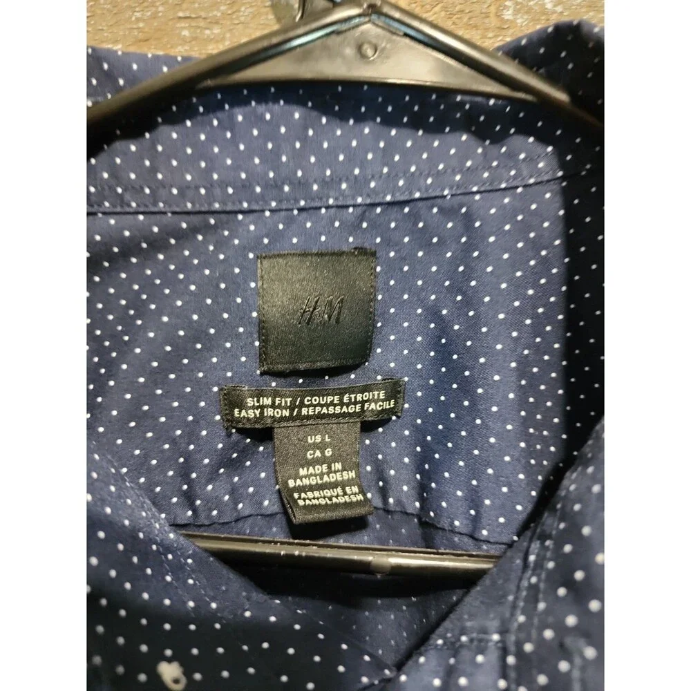 H&M Slim Fit Easy Iron Blue/White Polka Dot Dress Shirt L 32/33